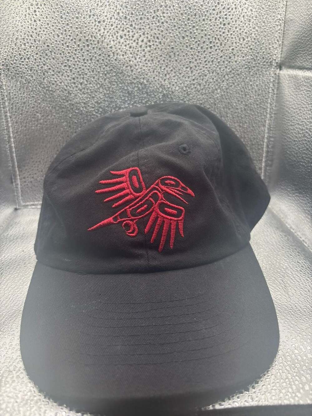 Native Origins Indigenous Art Raven Design Embroidered Black Strapback Cap